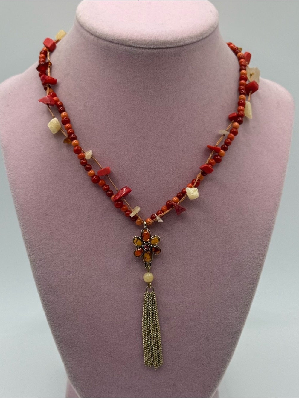 Vintage Red Beaded floral Tassel Pendant Necklace